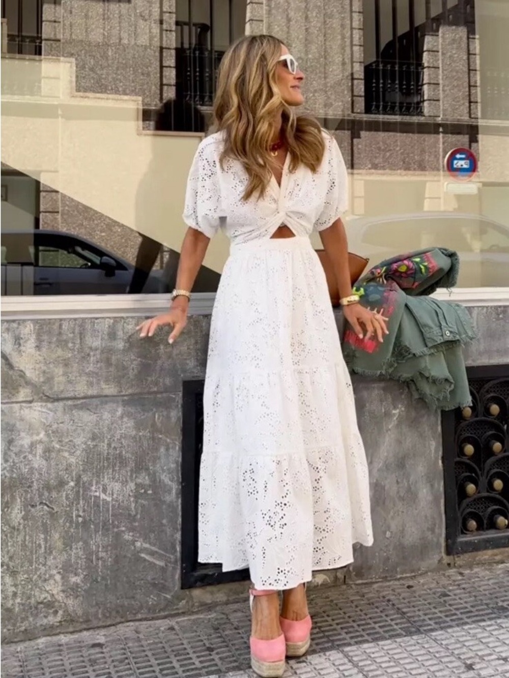 Zara White Eyelet Maxi Dress with Puff Sleeves